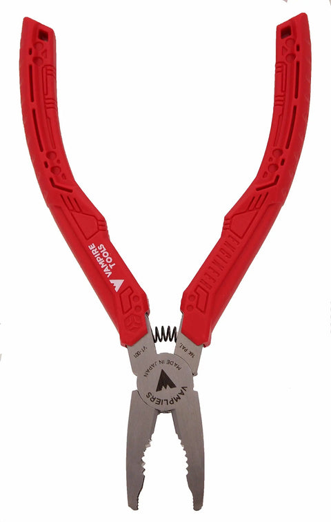 Five Piece Screw Extractor Pliers Set With Five Inch Mini Pliers Beefy Pro Grade Six And A Quarter Inch Multipurpose Seven Inch Slip Joint Eight Inch Linesman Pliers And Electrician Scissors Free Tool Pouch ESD Safe For Auto Shop And DIY, showing slip-joint pliers with red handles.