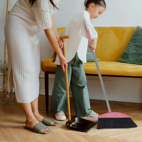 Long Handle Broom With Dense Stiff Bristles Heavy Duty Floor Sweeper Built For Yards Driveways Garages Low Bend Build in use by parent and child.