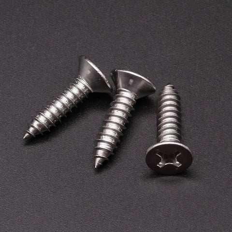 Heavy Duty Fifty Pack 12 X Half Inch Flat Head Phillips Self Tapping Screws Stainless Steel 304 on dark background