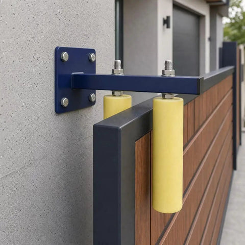 6 Inch Blue Powder Coat Slide Gate Roller With UHMW Nylon Wheel, 4.5 Inch Adjustable Arm, Sealed Bearings, Heavy Duty Build For Smooth Long Lasting Gate Operation on sliding gate