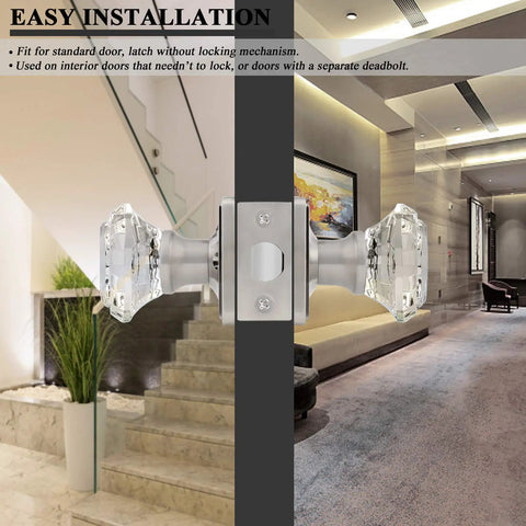 Crystal Interior Door Knobs 10 Pack For Hallway And Closet Doors Clear Glass Octagon Dope Door Handles With Satin Nickel Square Back Plate