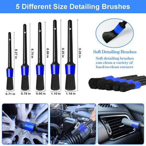 Five different size detailing brushes from All In One 26 Piece Car Detailing Brush Set With Drill Brushes And Wire Scrubbers Interior Exterior Cleaning Kit