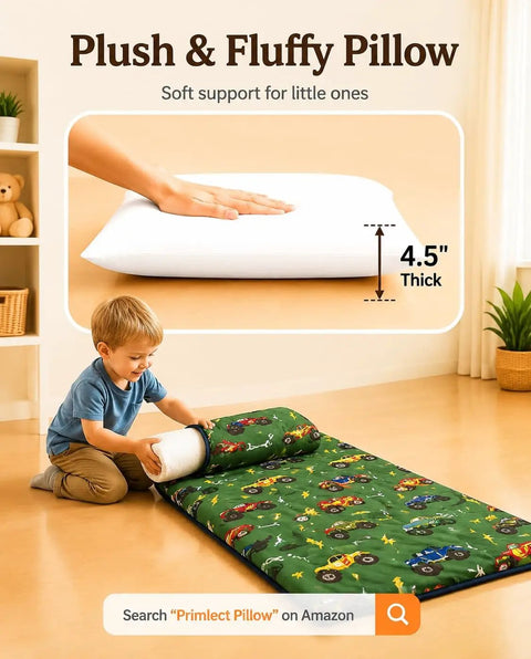 Child rolling Detachable Toddler Nap Mat With Pillow And Blanket Thickened Extra Large Sleeping Bag, green truck print, in room.