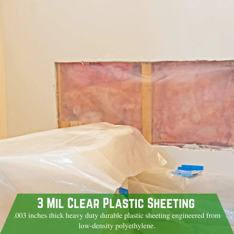 Heavy Duty 3 Mil Plastic Sheeting Roll With White Finish Measuring 3 By 100 Feet covering construction area with smooth surface.