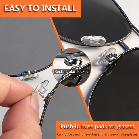 Push In Eyeglass Nose Pads Replacement Kit With 18 Pairs Six Size Options For A Custom Fit shown installed on glasses