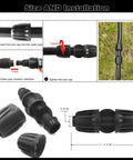 Half Inch Drip Irrigation Coupling Fittings 12 Pack Barbed And Locking Straight Connectors For 0.60 To 0.65 Inch OD Tubing Not For Rigid Pipes No Fuss Easy To Install And Durable Ideal For Home Garden Watering Systems, black plastic coupling with size guide and installation steps