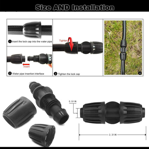 Half Inch Drip Irrigation Coupling Fittings 12 Pack Barbed And Locking Straight Connectors For 0.60 To 0.65 Inch OD Tubing Not For Rigid Pipes No Fuss Easy To Install And Durable Ideal For Home Garden Watering Systems, black plastic coupling with size guide and installation steps