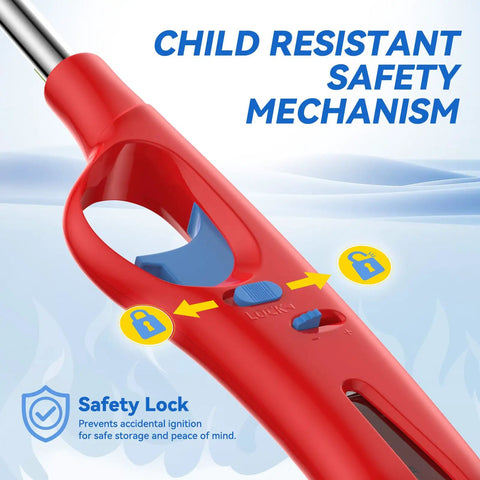 Close-up of red lighter with safety lock, 4 Pack Refillable Long Stem Lighters With Visible Fuel Window, Soft Flame And Adjustable Flame