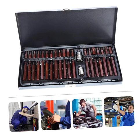 Pro Shop Grade Spline Socket Bit Set with various sizes in sturdy case for auto mechanics and truck repairs.