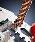 Close-up of Pro Grade Wire Stripper and Crimping Pliers Kit for Electricians, cutting copper wire, industrial-grade steel blades.