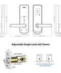 Diagrams showing size specifications of 5 In 1 Smart Lock With Fingerprint Sensor Keyless Entry WiFi Connectivity And App Control.