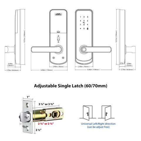 Diagrams showing size specifications of 5 In 1 Smart Lock With Fingerprint Sensor Keyless Entry WiFi Connectivity And App Control.
