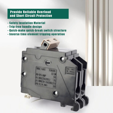 Straight Swap Heavy Duty Workhorse 2 Pole 100 Amp Circuit Breaker showing safety insulation, trip-free handle, and quick-make switch design.
