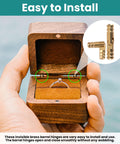 Hand holding wooden box with installed 25 Pcs Small Brass Barrel Hinges for Wooden Boxes 135 Degree Folding Mini Hidden Cylinder Hinges for DIY Crafts Jewelry Boxes and Wooden Cases 0.16 x 0.79 In.