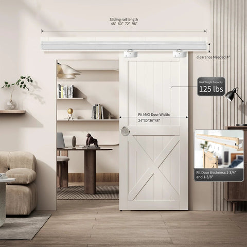 Interior Box Rail Sliding Door Kit with wall mount, aluminum alloy construction, black finish, fits 48-96 inch rails, installed view.