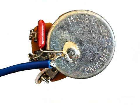 Close-up of a volume pot for Prewired Electric Guitar Wiring Harness Kit With Dual 500K Volume Pots, Dual 500K Tone Pots.