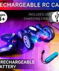 Tornado Blue LED Remote Control Car For Kids With Dual Sided Driving And 360 Flips 4WD Off Road shown with remote, battery, and USB cable.