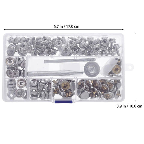 Real Deal Canvas Tarp Snap Kit Featuring Rust Resistant Marine Fasteners With 10 MM And 15 MM Screw Snap Buttons and tool kit.