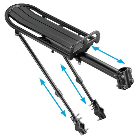 Retractable Aluminum Bike Rear Rack Cargo Carrier for Bicycle Luggage with stainless screws, showing post mount and adjustable supports.