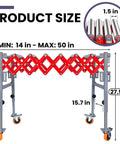Heavy Duty Expandable Roller Conveyor With Wheels Adjustable Height And Length Portable Work Support Stand For Table Saws And Planers measuring 27.5 in high and 50 in long.