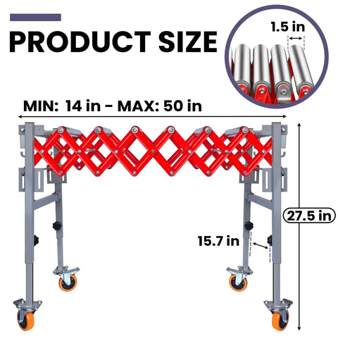 Heavy Duty Expandable Roller Conveyor With Wheels Adjustable Height And Length Portable Work Support Stand For Table Saws And Planers measuring 27.5 in high and 50 in long.