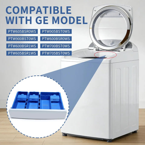 Dispenser Drawer Assembly For Front Load Washer Replaces WH42X34717 White Durable ABS Plastic With Smooth Sliding Fit Compatible With Matching Replacement Parts WH42X34191 And Related Models, blue tray
