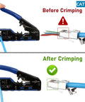 All In One Pass Through Ethernet Crimp Tool For CAT7 CAT6A CAT6 CAT5E CAT5 With RJ45 RJ11 RJ12 Compatibility Precise Stripping Cutting And Crimping Compact Modular Kit in use before and after crimping process.