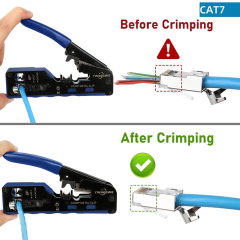 All In One Pass Through Ethernet Crimp Tool For CAT7 CAT6A CAT6 CAT5E CAT5 With RJ45 RJ11 RJ12 Compatibility Precise Stripping Cutting And Crimping Compact Modular Kit in use before and after crimping process.