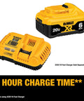 Image of 20V Max XR Battery 6Ah Lithium Ion Two Pack with 3 LED Fuel Gauge and compatible fast charger, 1-hour charging time.