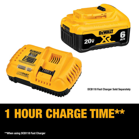 Image of 20V Max XR Battery 6Ah Lithium Ion Two Pack with 3 LED Fuel Gauge and compatible fast charger, 1-hour charging time.