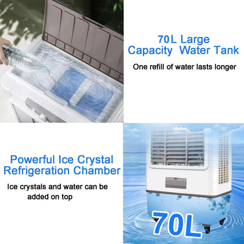 Super Chill Heavy Duty Evaporative Air Cooler With 10000 CFM Flow And 18 Gallon Tank Bringing Ice Cold Breeze Plus 3 Fan Settings As Your Ultimate Swamp Cooler To Crush The Summer Heat Indoors Or Outside with large 70L water tank.