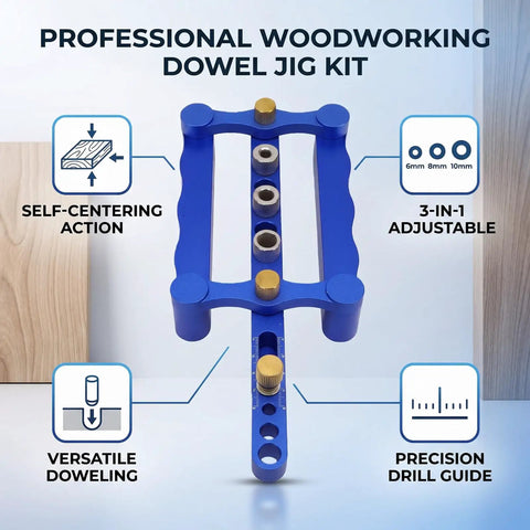 Dead Nuts Precise Aluminum Dowel Jig Kit With Self Centering Drill Guides for flawless furniture assembly, blue, adjustable size.