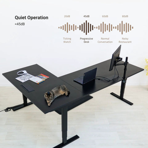 Huge Electric Height Adjustable L Shaped Corner Desk With A Massive 72X48 Inch Surface and quiet operation test with laptop and cat.