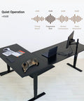 Heavy Duty Electric Standing Desk L Shaped 72 By 48 Inch Corner Workstation Table With Smooth As Silk Rise and quiet operation measuring under 45dB.
