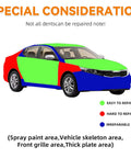 Diagram of car showing areas easy to repair, hard to repair, and irreparable for dent removal with 2026 Upgraded Car Dent Repair Kit.
