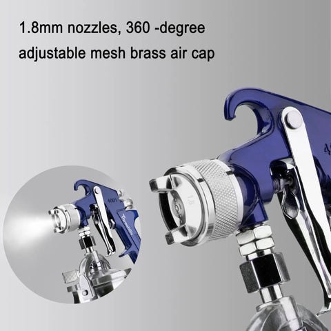 Close-up of Smooth Operator Hvlp Spray Gun Featuring Siphon Feed Pour Handle, showing 1.8mm nozzle and adjustable brass air cap.