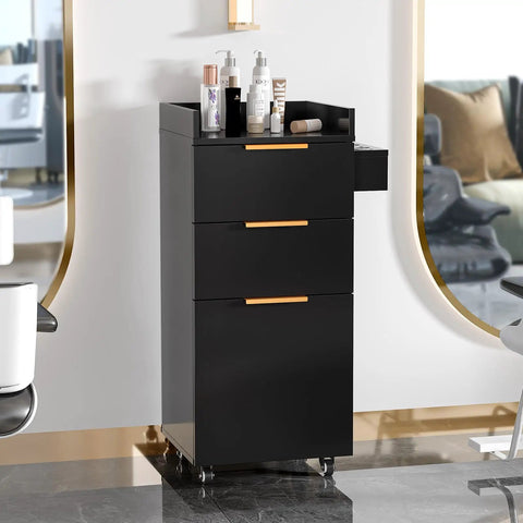 Front view of Rolling Salon Cart With Three Tier Design Two Drawers And Adjustable Shelf Hair Dryer Holder Pro Grade Mobile Organizer For Salon Barber Spa Nail And Beauty Tools Black