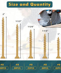 Deck Screws Kit 150 Pcs Tan Assortment With T25 Bit For Pressure Treated Lumber And Composite Decking, Rust Resistant Carbon Steel, Salt Spray Tested Over 1000 Hours, Heavy Duty Outdoor Fasteners, size chart
