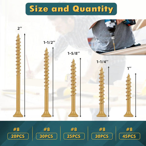Deck Screws Kit 150 Pcs Tan Assortment With T25 Bit For Pressure Treated Lumber And Composite Decking, Rust Resistant Carbon Steel, Salt Spray Tested Over 1000 Hours, Heavy Duty Outdoor Fasteners, size chart