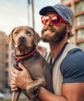 Man wearing Old But Still Fly Funny Hat For Men And Women Golf Trucker Cap with dog, outdoors.