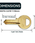 M1 Master Key Blanks in Premium Brass Uncut Keys showing dimensions, ideal for locksmiths and DIYers. Pack of 50.