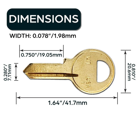 Dimensions of Durable M1 Master Key Blanks In Premium Brass Uncut Keys Pack Of 10 with measurements displayed