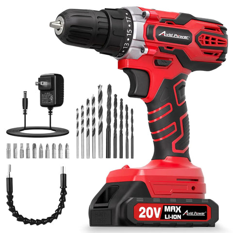 20V Max Cordless Drill Kit With Battery And Charger, Variable Speed 19-Position Clutch, 3/8-Inch Keyless Chuck, 22-Piece Bit Set