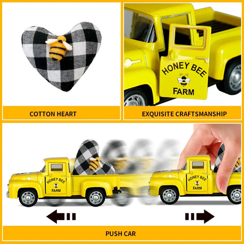Mini Honey Yellow Chevy Truck Decor With Buffalo Check Heart For Bee Themed Farmhouse Tables Tiered Trays Risers And Shelves
