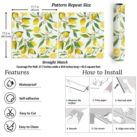 Lemon Branches Floral Peel And Stick Wallpaper Removable Self Adhesive Vinyl Mural Roll 17.7 By 354 Inches Waterproof Wall Decor