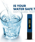 Pocket Size Digital PH Meter Pen With LCD Display For Quick Water Testing High Accuracy ATC Calibration For Aquarium Pool Wine Urine And Hydroponics Includes TDS Meter And Portable On The Go Design alongside a glass of water being poured, highlighting water safety.