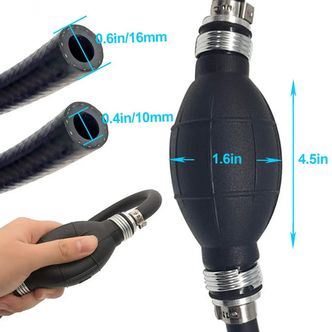 Six Ft Boat Fuel Line With Primer Bulb Nylon Braided Universal Three Eighths Inch Hose 10mm Inner Diameter For Marine Outboard Motors And RVs Includes Steel Clamps showing dimensions and hand holding primer bulb