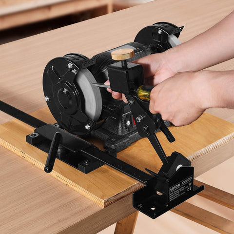 Shop Ready Multi Grind Sharpening Jig For 6 Inch And 8 Inch Bench Grinders With Platform Jig Tool Rest Bar in use on workbench