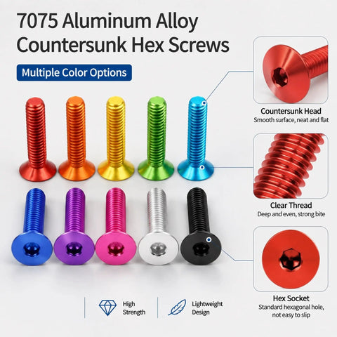 Get These Rad Colored Alumina Countersunk Head Screws In Hex Shape For Your Model Build Featuring M3 M4 M5 M6 Sizes To Fix Hardware Fast Without Hassle Or Matchup Issues - Colorful aluminum screws in multiple sizes.