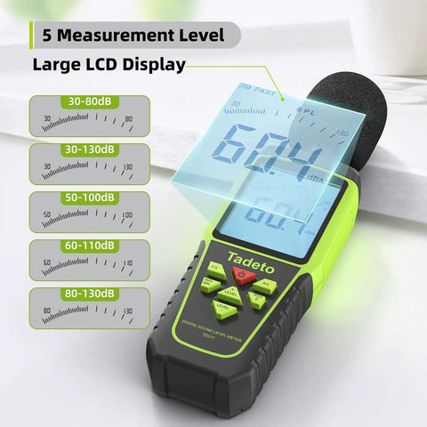 Portable Decibel Meter With 30 To 130 dB Range, 5 Measurement Modes, Backlit LCD Display, MAX MIN Readouts shown